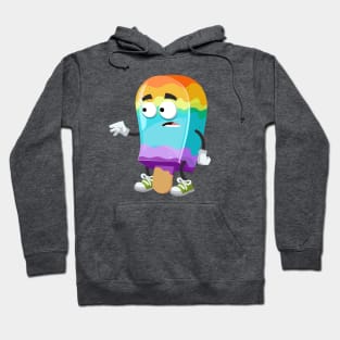 cartoon scared rainbow colors ice cream on a stick mascot in sneakers Hoodie